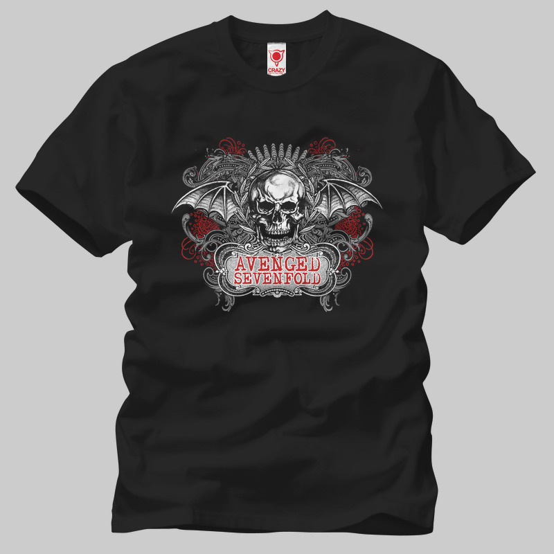 TSEC132501, Crazy, Avenged Sevenfold: Ornate Skull, Baskılı Erkek Tişört