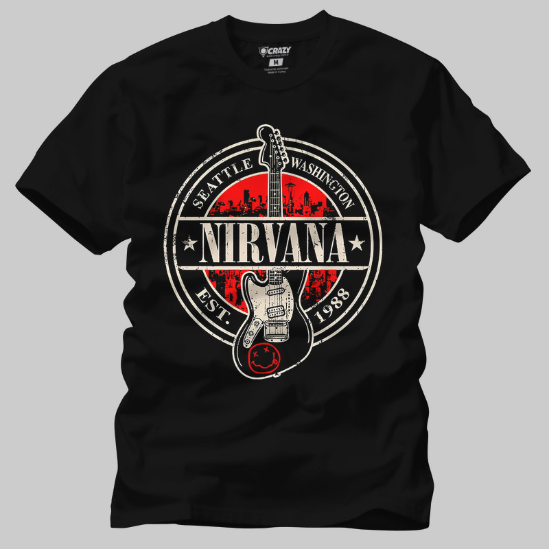 TSEC377701, Crazy, Nirvana Est 1988 Guitar Logo, Baskılı Erkek Tişört