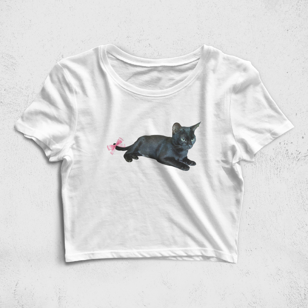 CRPC530106, Crazy, Cat With Bow Preppy Coquette, Baskılı Croptop Tişört