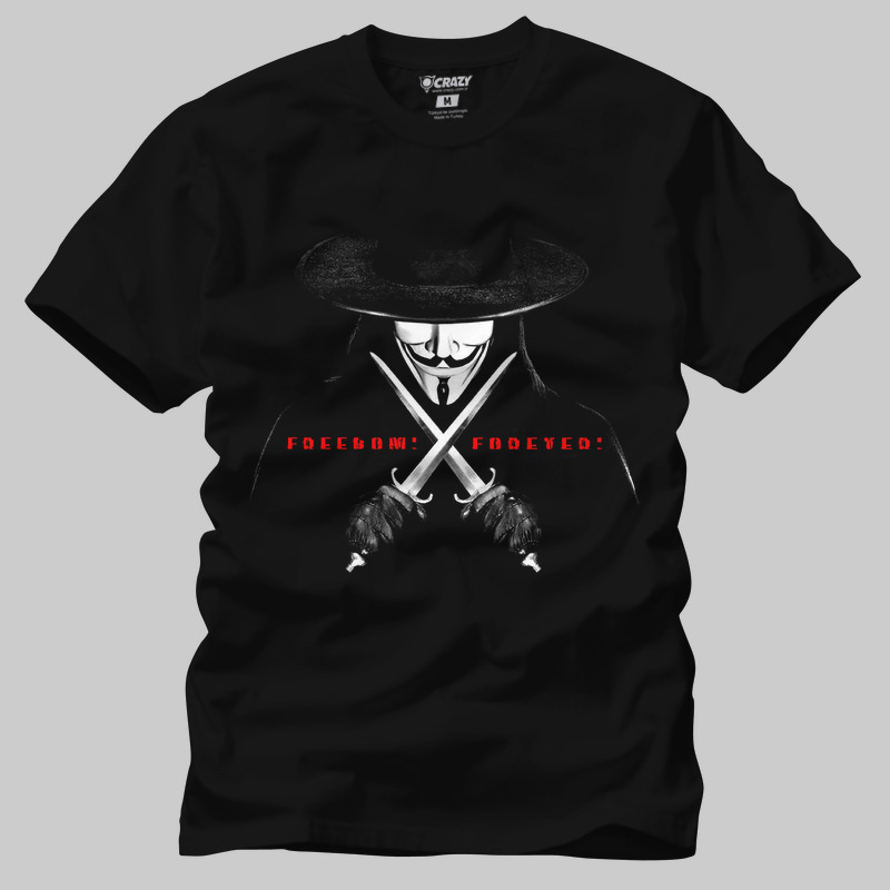 TSEC026201, Crazy, V For Vendetta Freedom Forever, Baskılı Erkek Tişört